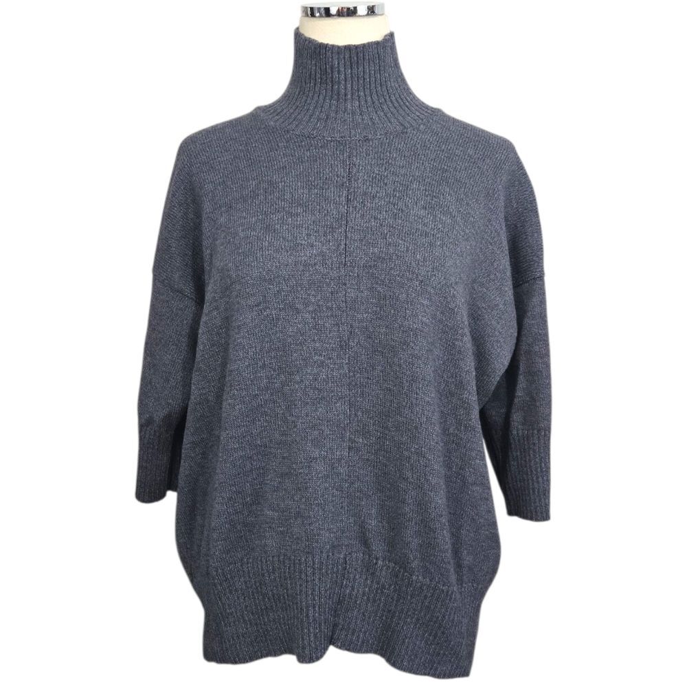 Eskandar 100% Merino Wool Sweater OS One Size Heathered Blue Mock Neck Lagenlook